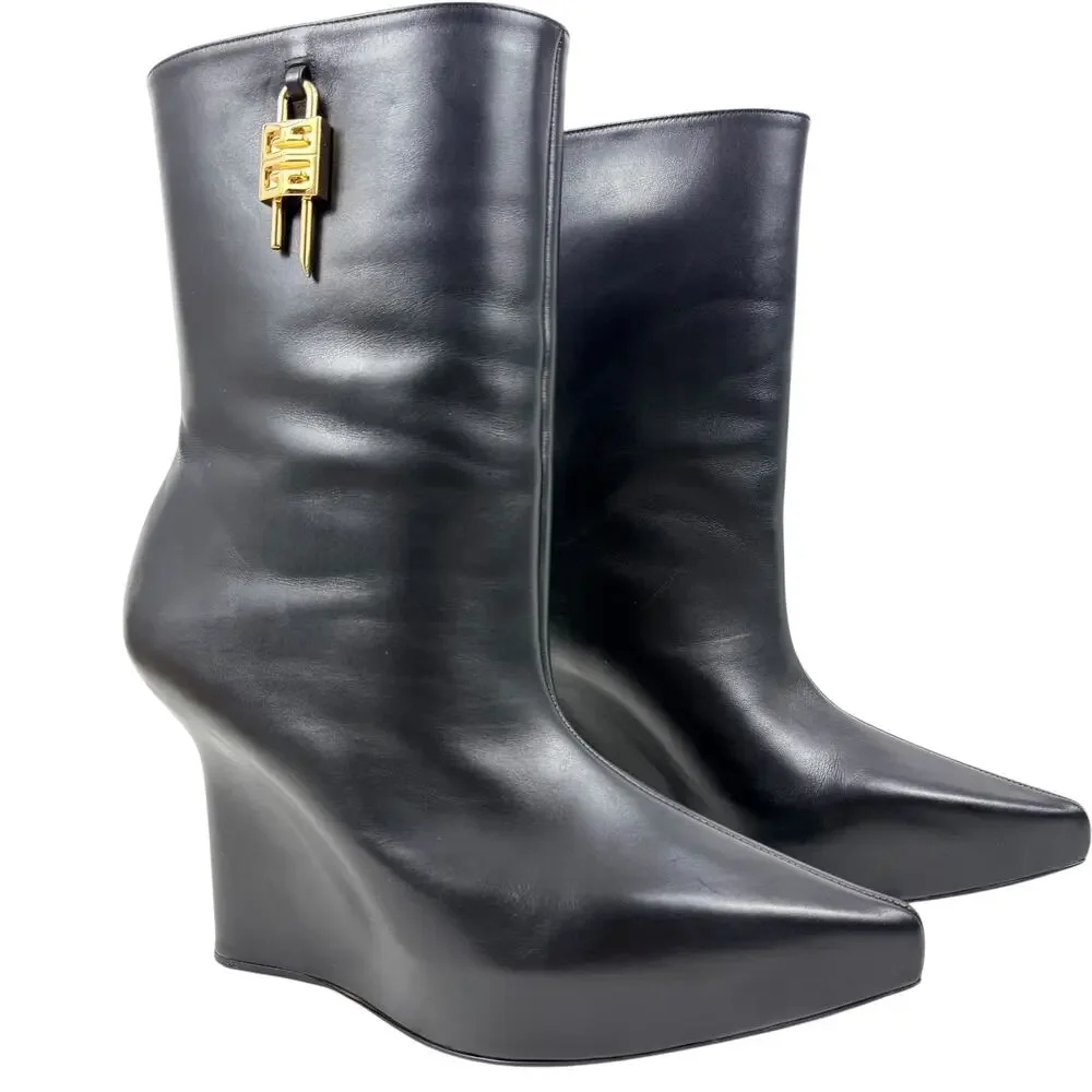 Givenchy G Lock Hidden Wedge Leather Ankle Boots Black Size 39.5